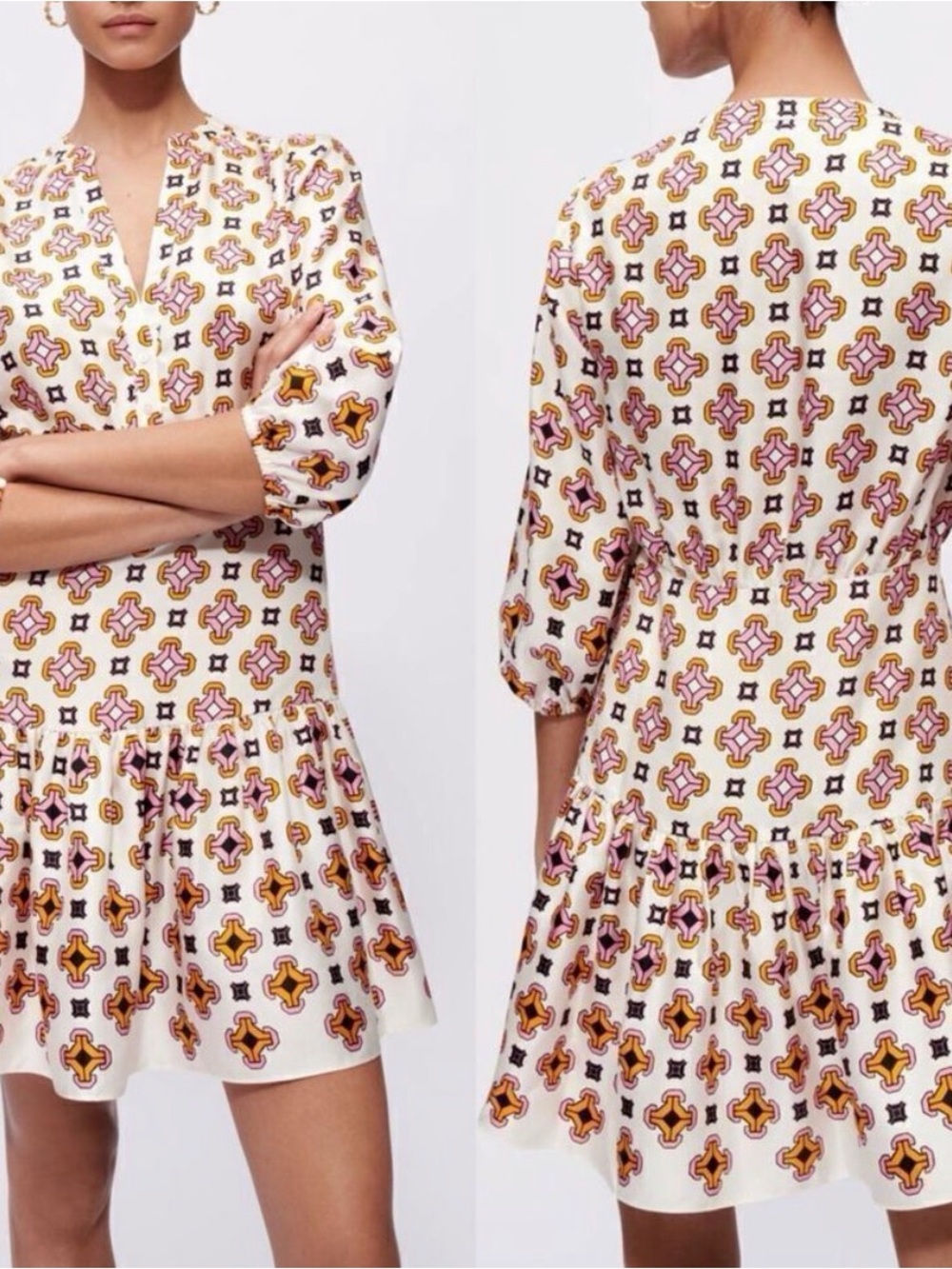 Maje Cream Mini Dress with Pink & Mustard Geometric Print